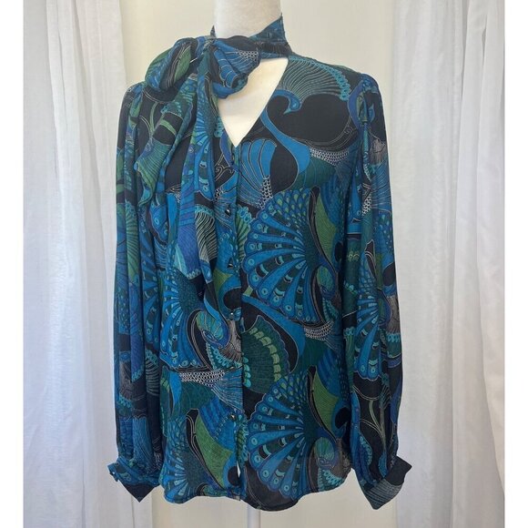 Chico's Peacock Satin Tie Neck Blouse Ladies Size Small Large Sleeves Colorful - Picture 5 of 8